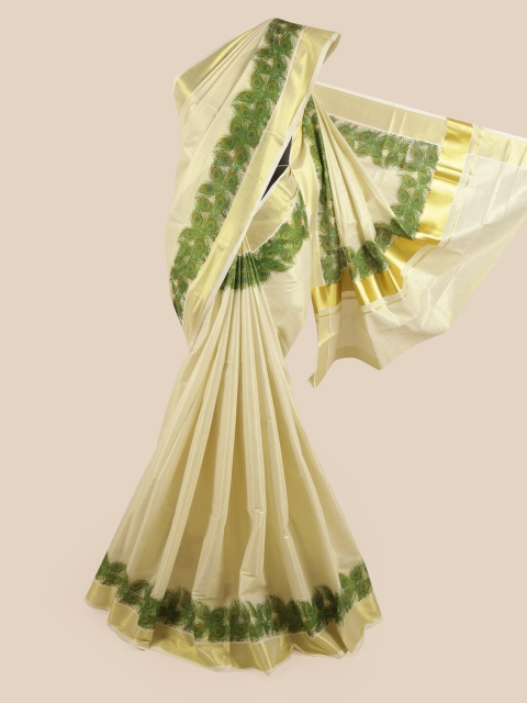 

Pothys Gold-Coloured & Green Printed Zari Pure Cotton Kasavu Saree