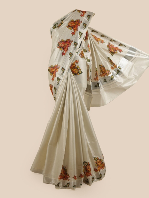 

Pothys Silver & Red Ethnic Motifs Zari Pure Cotton Kasavu Saree