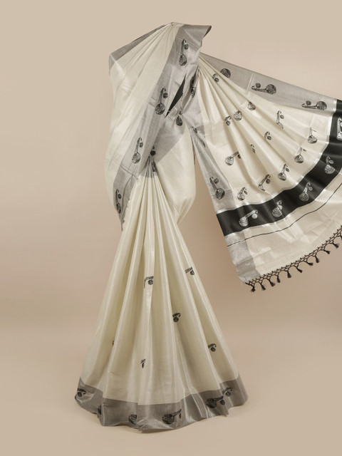

Pothys Silver-Toned Ethnic Motifs Pure Cotton Kasavu Saree