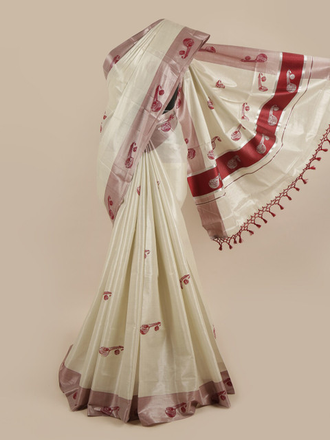 

Pothys Silver-Coloured & Maroon Ethnic Motifs Zari Pure Cotton Kasavu Saree