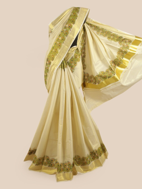 

Pothys Gold-Coloured & Green Printed Zari Pure Cotton Kasavu Saree