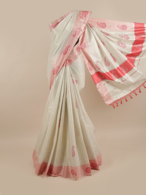 

Pothys Silver & Coral Ethnic Motifs Printed Pure Cotton Kasavu Saree