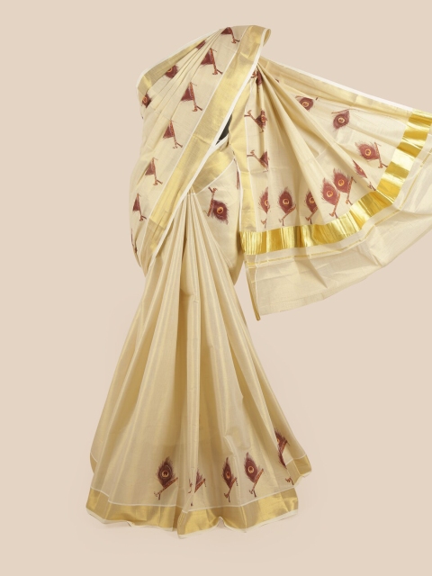 

Pothys Women Gold-Toned & Maroon Pure Cotton Printed Kasavu Saree
