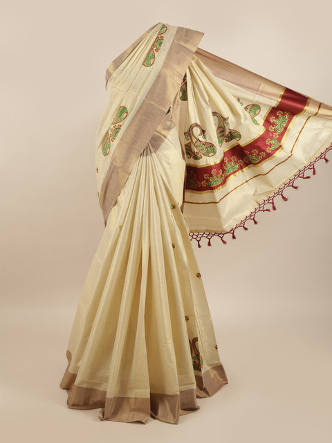 

Pothys Gold-Toned & Green Ethnic Motifs Zari Pure Cotton Kasavu Saree