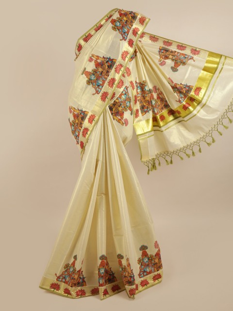 

Pothys Gold-Toned Ethnic Motifs Pure Cotton Kasavu Saree