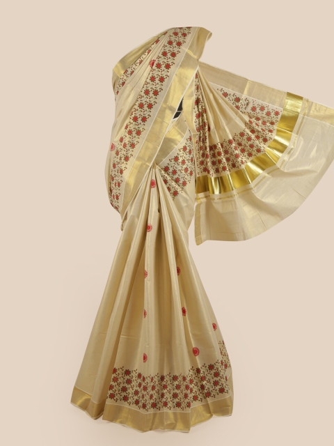 

Pothys Gold-Coloured & Maroon Floral Zari Pure Cotton Kasavu Saree