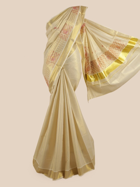 

Pothys Gold Ethnic Motifs Woven Design Zari Pure Cotton Kasavu Saree