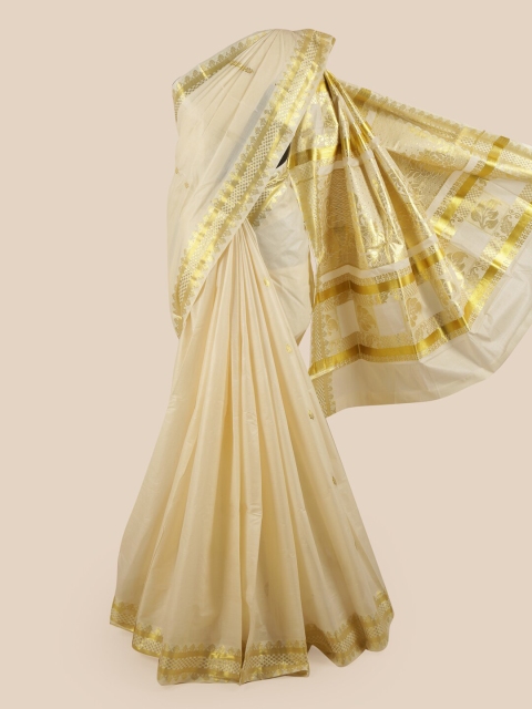 

Pothys Off White & Gold-Toned Pure Cotton Kasavu Saree