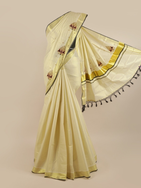 

Pothys Gold-Coloured & Grey Embroidered Pure Cotton Kasavu Saree