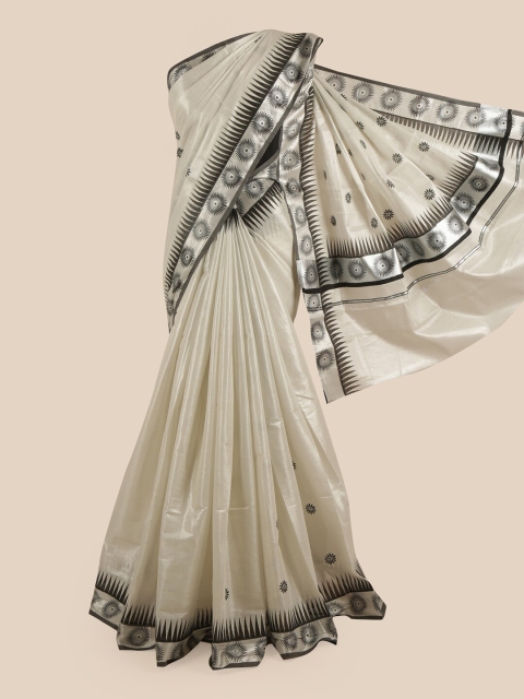 

Pothys Silver-Coloured & Black Floral Printed Zari Pure Cotton Kasavu Saree