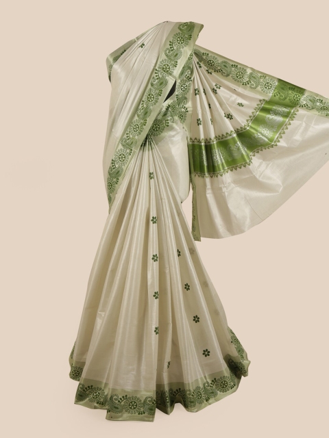 

Pothys Women Gold-Toned & Blue Pure Cotton Printed Kasavu Saree, Silver