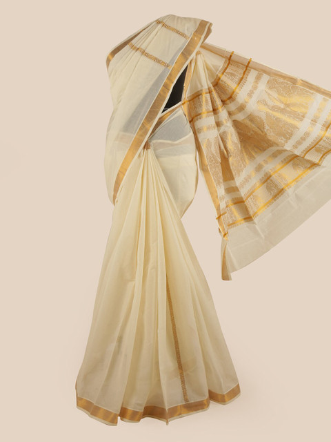 

Pothys Off White & Gold-Toned Pure Cotton Kasavu Saree