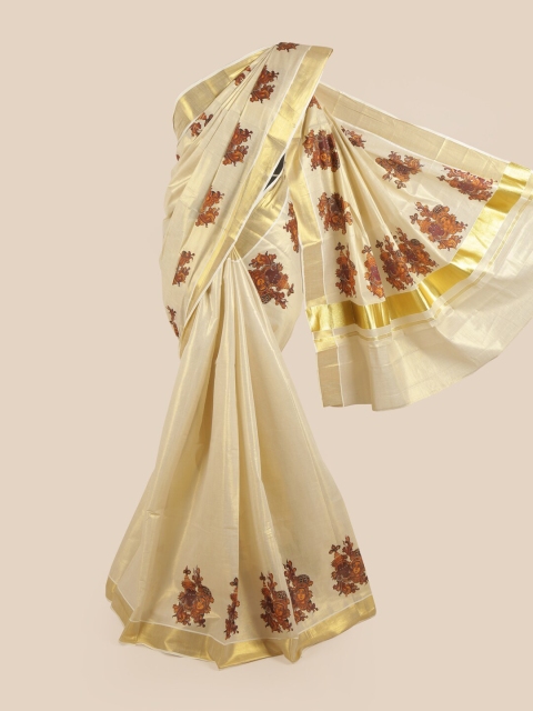 

Pothys Gold-Coloured & Brown Ethnic Motifs Zari Pure Cotton Kasavu Saree