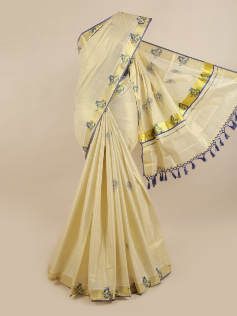 

Pothys Gold-Coloured & Blue Ethnic Motifs Printed Zari Pure Cotton Kasavu Saree