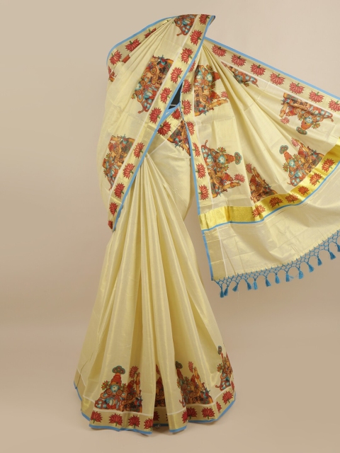 

Pothys Gold-Toned Ethnic Motifs Pure Cotton Kasavu Saree