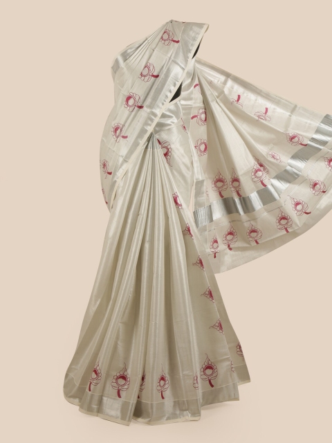 

Pothys Silver-Coloured & Magenta Ethnic Motifs Printed Zari Pure Cotton Kasavu Saree