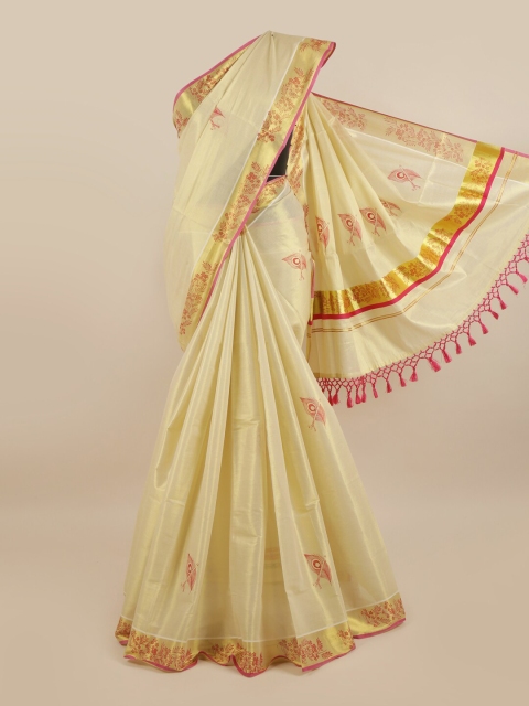 

Pothys Women Gold-Toned & Pink Pure Cotton Printed Kasavu Saree