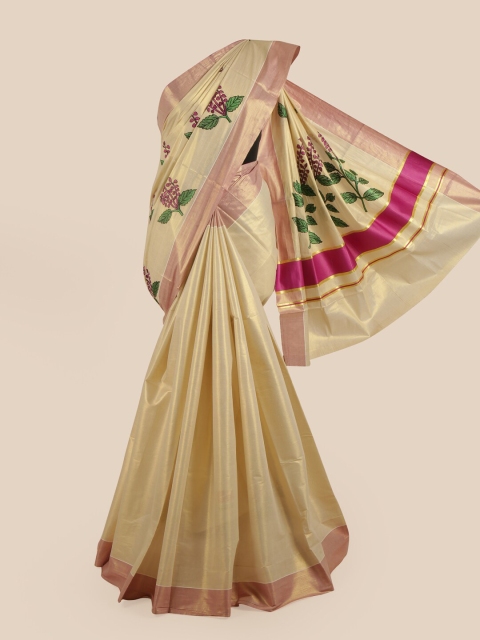 

Pothys Gold-Toned & Green Floral Zari Pure Cotton Kasavu Saree