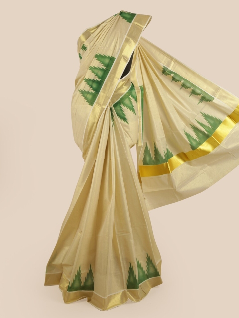 

Pothys Gold-Toned & Green Pure Cotton Kasavu Saree