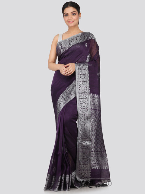 

PinkLoom Violet & Silver-Coloured Ethnic Motifs Zari Woven Design Linen Blend Sustainable Saree