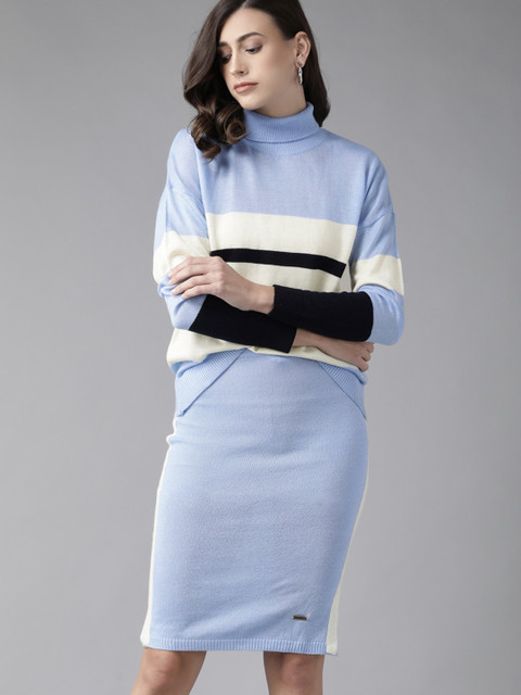 

Roadster Women Blue & Off White Colourblocked Top with Skirt