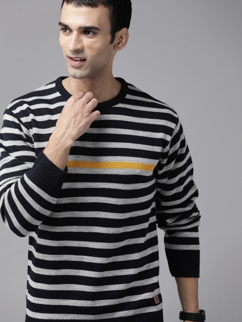 

Roadster Men Navy Blue & Grey Striped Pullover