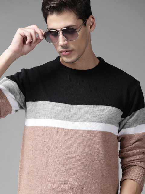 

Roadster Men Beige & Black Colourblocked Pullover