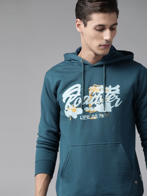 

Roadster Men Teal Brand Logo Printed Hooded Sweatshirt