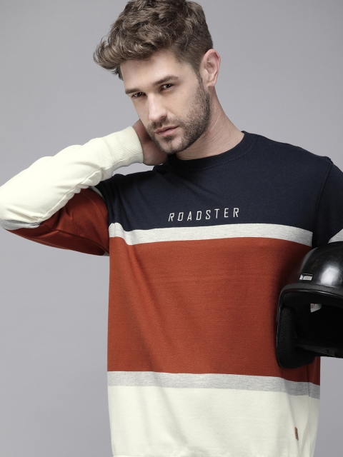 

Roadster Men Navy Blue & Rust Red Colourblocked Pullover Sweatshirt