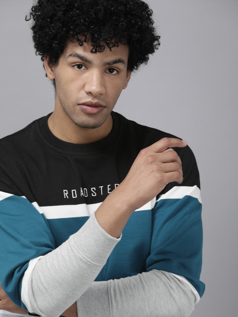 

Roadster Men Black & Teal Blue Colourblocked Pullover Sweatshirt