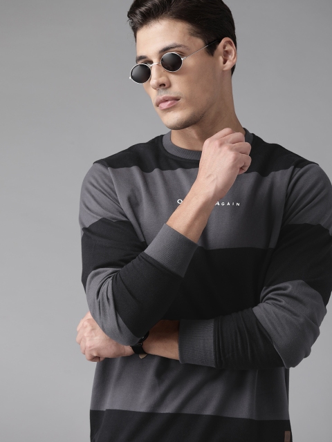 

Roadster Men Grey Striped Sweatshirt