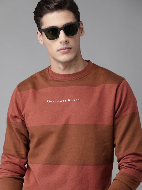 

Roadster Men Rust Red Striped Sweatshirt