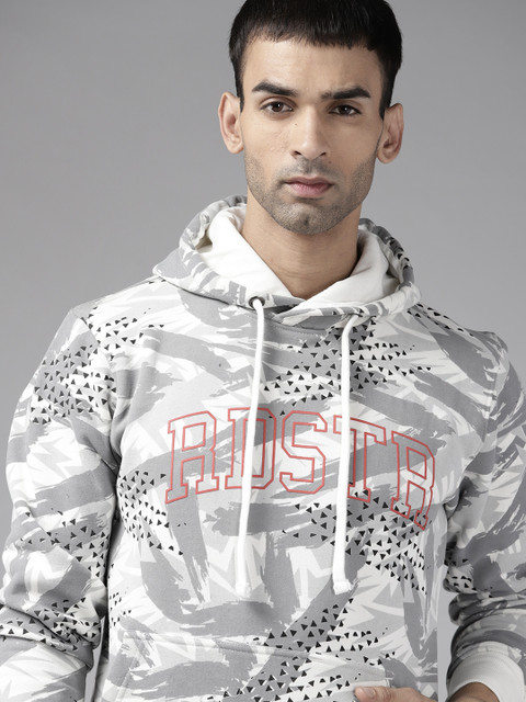 

Roadster Men White & Grey Printed Hooded Sweatshirt