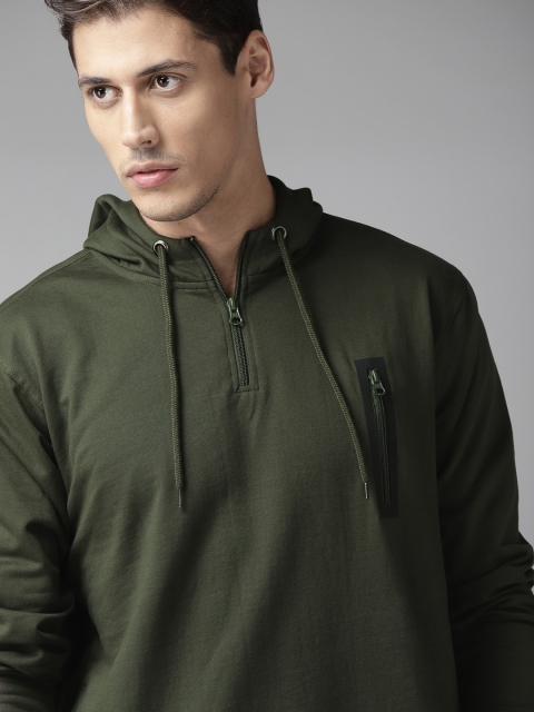

Roadster Men Olive Green Solid Hooded Sweatshirt