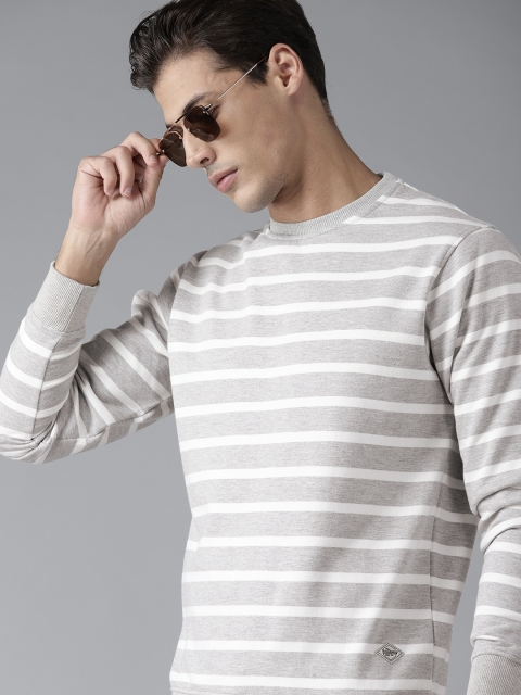 

Roadster Men Grey & White Striped Pullover Sweatshirt