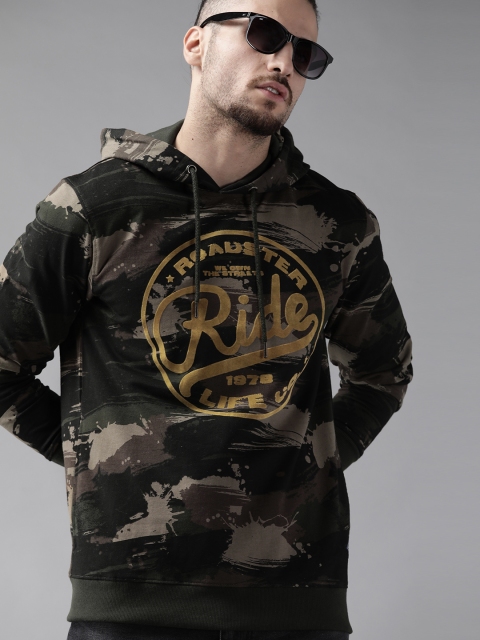 

Roadster Men Olive Green & Beige Cotton Camouflage Print Hooded Sweatshirt