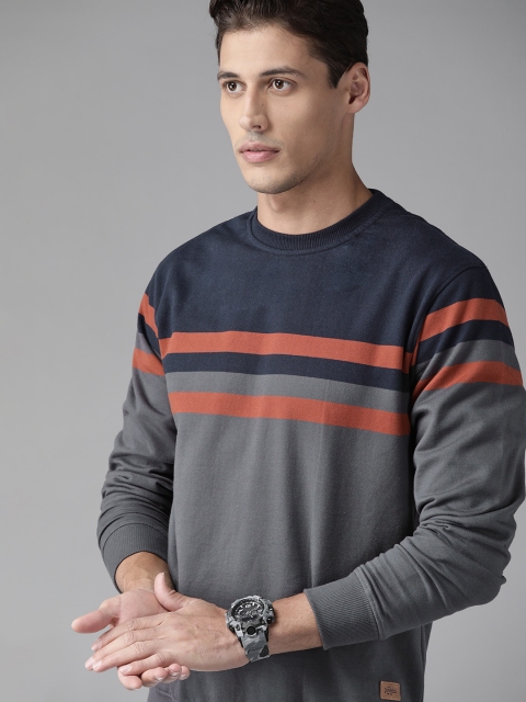 

Roadster Men Charcoal Grey & Navy Blue Colourblocked Sweatshirt