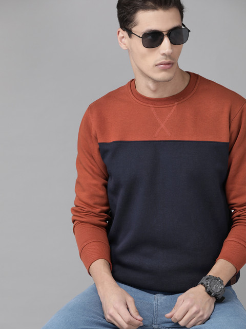 

Roadster Men Navy Blue & Rust Orange Colourblocked Sweatshirt