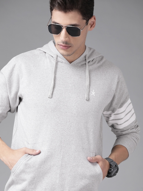 

Roadster Men Grey Melange Solid Hooded Sweatshirt