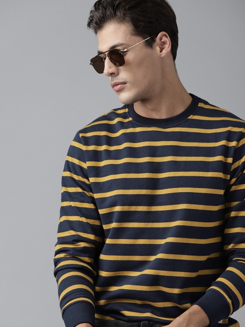 

Roadster Men Navy Blue & Mustard Yellow Striped Sweatshirt