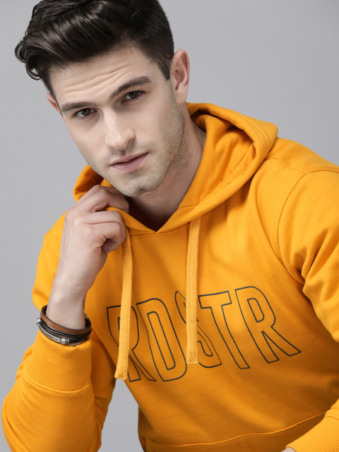 

Roadster Men Mustard Printed Hooded Sweatshirt