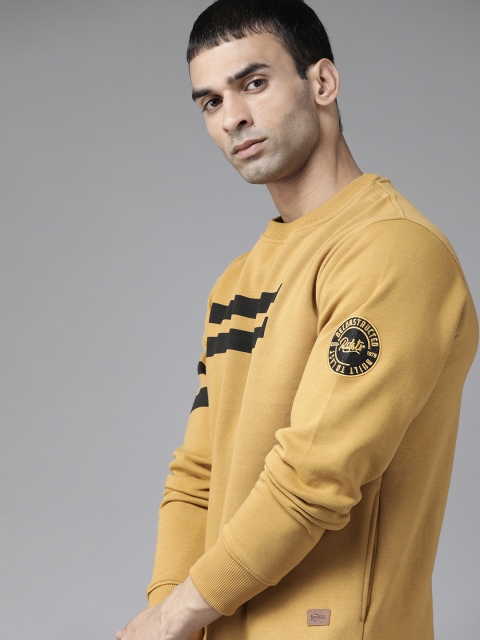 

Roadster Men Mustard Yellow & Khaki Striped Sweatshirt