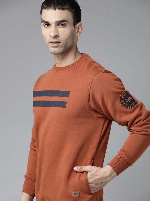 

Roadster Men Rust Orange & Navy Blue Striped Sweatshirt