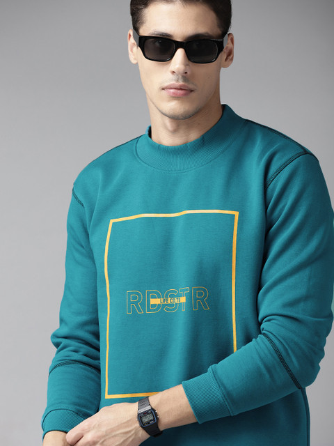 

Roadster Men Teal Blue & Yellow Brand Logo Print Pullover Sweatshirt