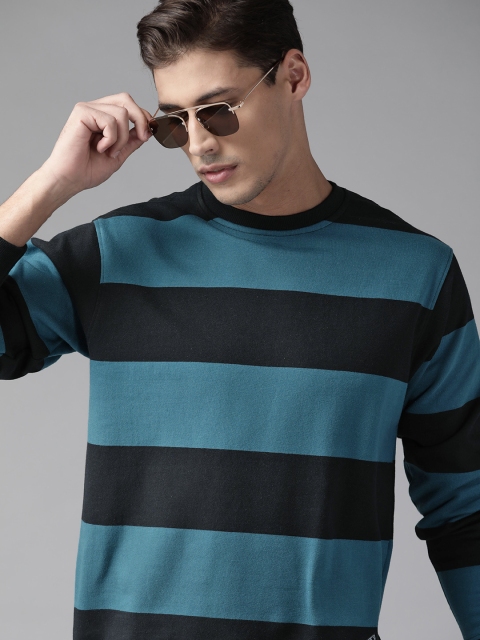 

Roadster Men Teal Blue & Black Striped Sweatshirt