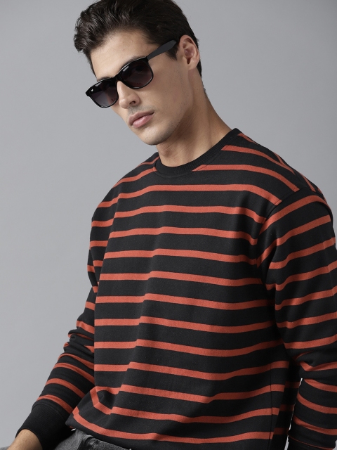 

Roadster Men Black & Rust Brown Striped Pullover Sweatshirt