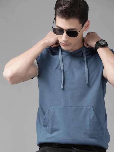 

Roadster Men Blue Solid Sleeveless Hooded Sweatshirt