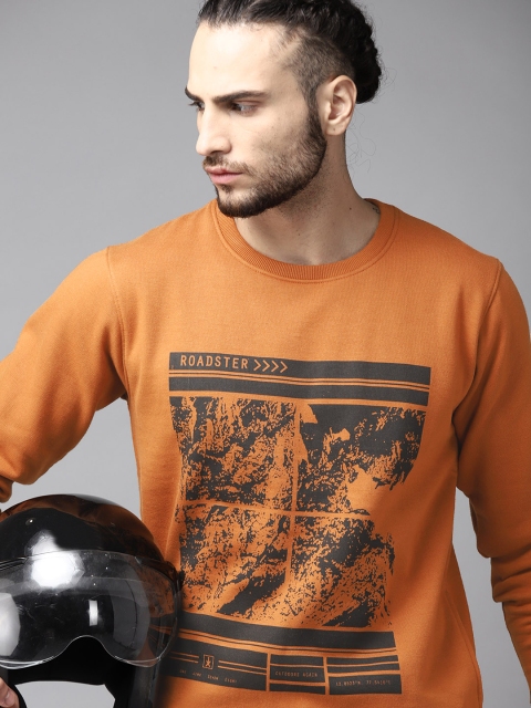 

Roadster Men Rust Orange & Black Graphic Printed Sweatshirt