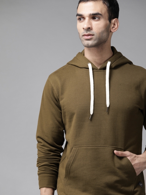 

Roadster Men Olive Brown Solid Hooded Sweatshirt