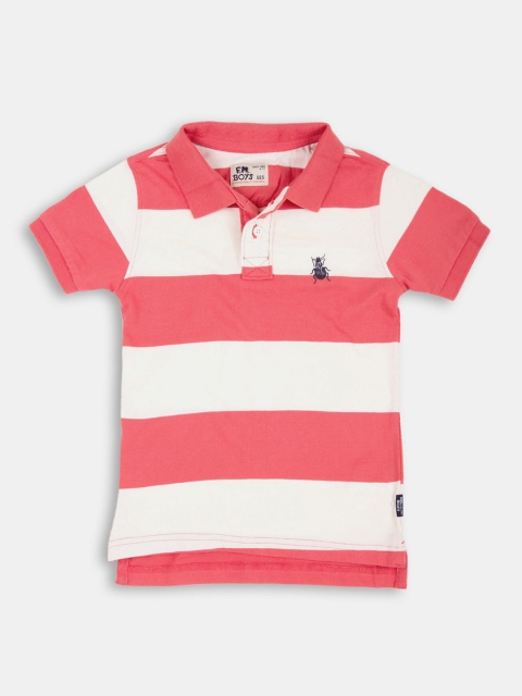 

Flying Machine Boys Pink Off White Striped Polo Collar Slim Fit Pure Cotton T-shirt